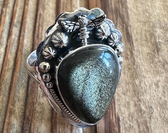 Gold Sheen Obsidian Sterling Silver Bee Ring, Size 10, OOAK Statement Piece, Honeybee Bumblebee Design, Natural Gemstone Jewelry