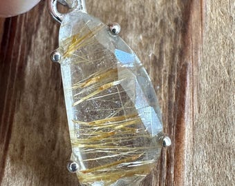 Faceted Gold Rutilated Quartz Sterling Silver Pendant, Incredible Top Quality Gold Rutile Gem, Natural Gemstone Jewelry