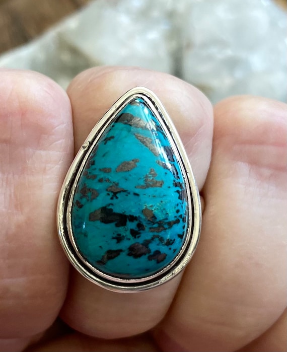 Azurite Sterling Silver Ring, Size 9, Teardrop Pear Gem, Natural Gemstone
