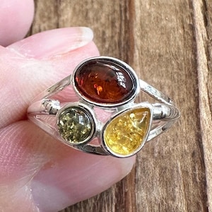 Baltic Amber Sterling Silver Ring, Size 8.75, Green Cognac Citrine Honey Gems, Natural Gemstone Jewelry