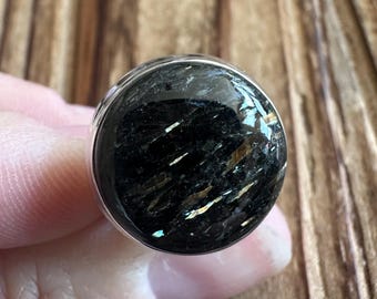 Rare Nuummite Sterling Silver Ring, Size 6, Greenland Gem, Round Gemstone, Colorful Flash, Natural Stone Jewelry