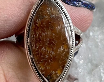 Sutured Ammonite Sterling Silver Ring, Size 9, Fossil Gem, Madagascar Gemstone, Marquise Shape, Natural Stone Jewelry