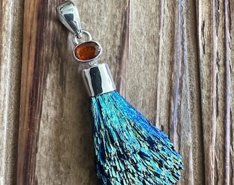Aura Kyanite & Hessonite Garnet Sterling Silver Pendant, Kyanite Fan, Vibrant Colorful Gemstone, Natural Stone Jewelry, OOAK