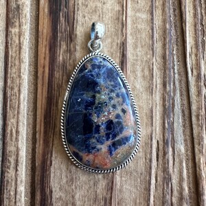 Sodalite Sterling Silver Pendant, Blue Orange Gem, Brazilian Stone, Natural Gemstone Jewelry image 3