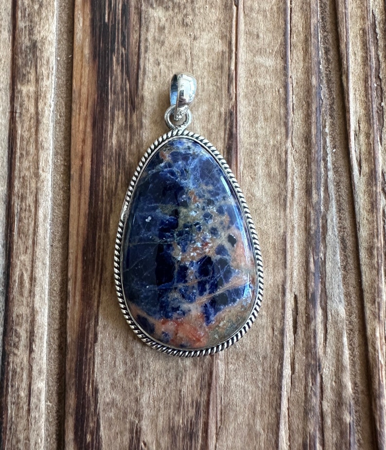 Sodalite Sterling Silver Pendant, Blue Orange Gem, Brazilian Stone, Natural Gemstone Jewelry image 3