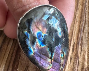 Spectrolite Labradorite Sterling Silver Statement Ring, Size 10, Purple Orange Blue Yellow Flash Gem, Natural Gemstone Jewelry
