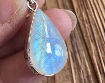 Rainbow Moonstone Sterling Silver Pendant, Incredible Blue Orange Yellow Flash Gemstone, Natural Stone Jewelry