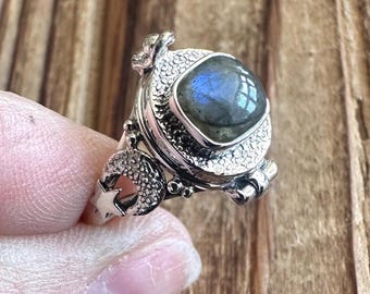 Labradorite Poison Box Ring, Sz 10, Crescent Moon & Star Design, Handmade Artisan Piece, Natural Gemstone Jewelry