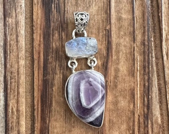 Chevron Amethyst & Rainbow Moonstone Sterling Silver Pendant, Purple White Gem, Blue Flash Gemstone, Natural Stone Jewelry