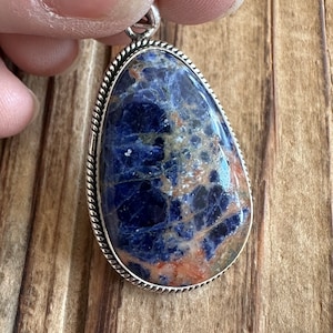 Sodalite Sterling Silver Pendant, Blue Orange Gem, Brazilian Stone, Natural Gemstone Jewelry image 1