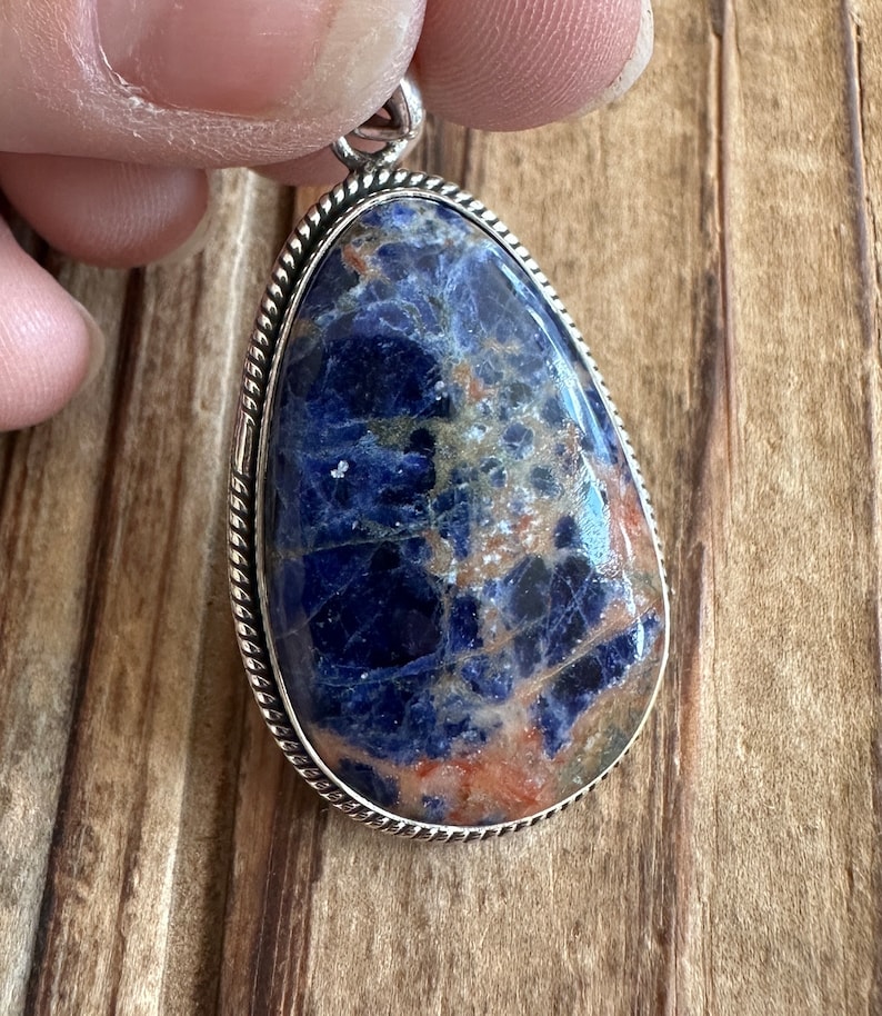 Sodalite Sterling Silver Pendant, Blue Orange Gem, Brazilian Stone, Natural Gemstone Jewelry image 1