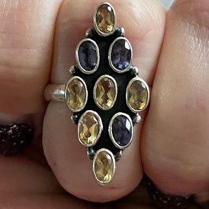 Iolite & Citrine Sterling Silver Ring, Size 8, Gold Yellow Gem, Purple Gemstone, Faceted Stones, FREE SHIPPING