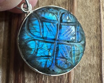 Carved Labradorite Sterling Silver Pendant, Hand Carved Floral Design, Blue Teal Flash Gem, Natural Gemstone Jewelry