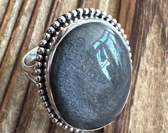 Silver Sheen Obsidian Sterling Silver Ring, Size 8, Oval Solitaire Gem, Metallic Sparkle Gemstone, Natural Stone Jewelry, Artisan