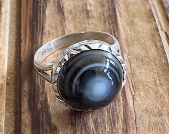 Black Banded Agate Sterling Silver Ring, Size 8, Evil Eye, Natural Gemstone Jewelry