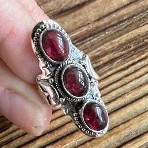 Pink Rhodolite Garnet Sterling Silver Ring, Sz 5, Triple Stone, Moon & Stars Design, Elongated Statement Piece, Natural Stone Jewelry