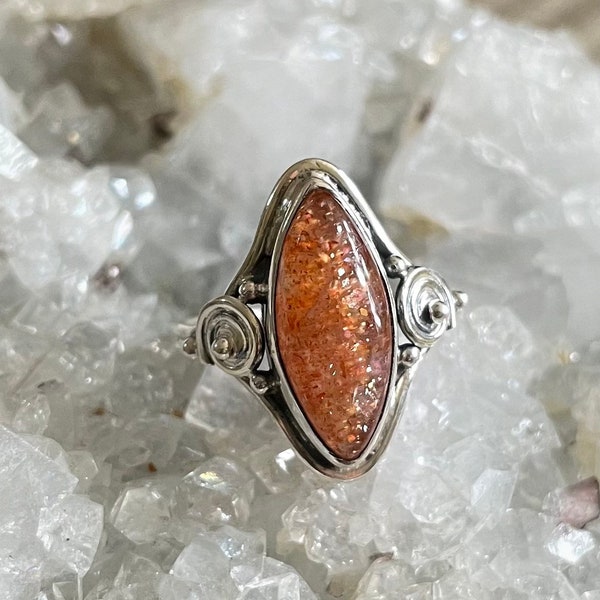 Sunstone Sterling Silver Ring, Size 9.5, Sparkly Gem, Marquise Gemstone, Spiral Artisan Design, FREE SHIPPING