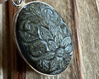 Carved Gold Sheen Obsidian  Sterling Silver Pendant, Floral Flower Design, Natural Gemstone Jewelry