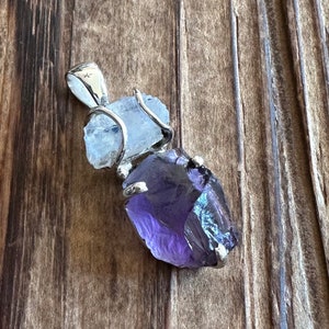 Rainbow Moonstone & Amethyst Sterling Silver Pendant, Indian Blue Flash Gem, Purple Raw Gemstone, Natural Stone Jewelry