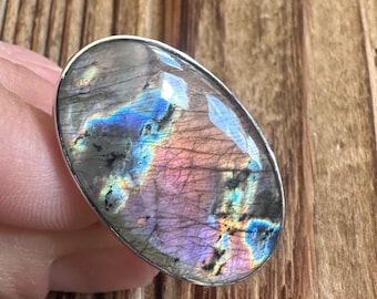 Spectrolite Labradorite Sterling Silver Statement Ring, Size 9, Purple Pink Orange Blue Flash Gem, Natural Gemstone Jewelry