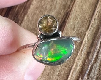 Ethiopian Opal & Citrine Sterling Silver Ring, Size 7.25, Natural Gemstone Jewelry, Artisan