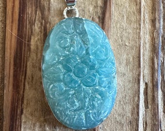 Carved Aquamarine Sterling Silver Pendant, Blue Aqua Gem, Flower Floral Design, Oval Gemstone, Natural Stone Jewelry, Rare, Carving