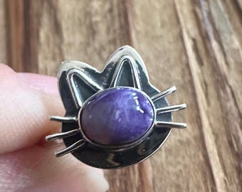 Charoite Sterling Silver Kitty Ring, Size 7, Siberian Gem, Natural Gemstone Jewelry, Cat Pet Jewelry