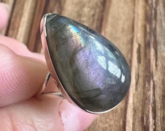 Labradorite Sterling Silver Ring, Size 8, Purple Flash Gem, Natural Gemstone Jewelry