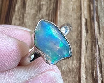 Ethiopian Opal Sterling Silver Ring, Size 7.75, Colorful Fire Gem, Rough Raw Gemstone, Natural Stone Jewelry, Red Orange Green Sparkle