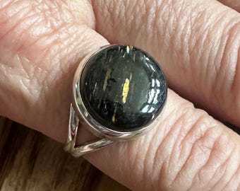 Rare Nuummite Sterling Silver Ring, Size 9, Greenland Gem, Round Gemstone, Gold Bronze Blue Flash, Natural Stone Jewelry