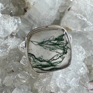 Moss Agate Sterling Silver Ring, Size 9.5, Cushion Square Shaped Gem, Green Gemstone, Natural Stone Jewelry