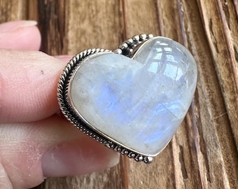 Rainbow Moonstone Sterling Silver Ring, Size 11, Carved Heart Gem, Blue Flash Gemstone, Natural Stone Jewelry, Handmade Artisan Piece