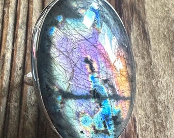 Spectrolite Labradorite Sterling Silver Statement Ring, Size 9, Purple Orange Blue Yellow Flash Gem, Natural Gemstone Jewelry