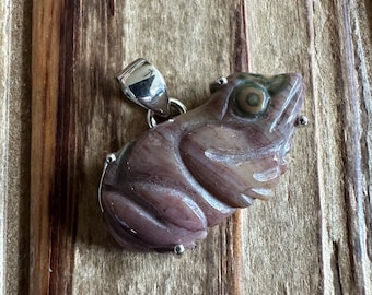 Ocean Jasper Carved Frog Sterling Silver Pendant, Madagascar Gem, Hand Carved Gemstone, Natural Stone Jewelry, Artisan, Gift