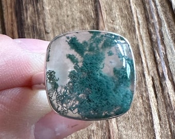 Moss Agate Sterling Silver Ring, Size 9.5, Cushion Square Shaped Gem, Green Gemstone, Natural Stone Jewelry