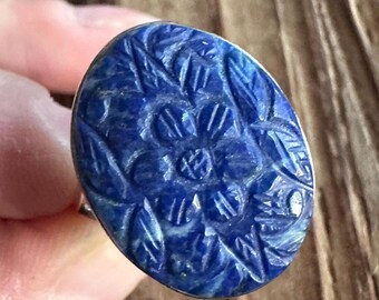 Carved Lapis Lazuli Sterling Silver Statement Ring, Size 11, Hand Carving, Blue Afghani Gemstone, Natural Gem Stone Jewelry, Artisan