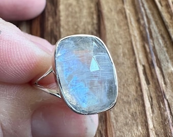 Faceted Rainbow Moonstone Sterling Silver Ring, Size 9, Blue Flash Gem, Natural Stone Jewelry