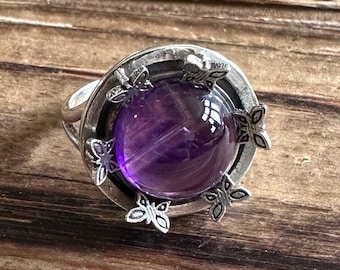 Amethyst Sterling Silver Ring, Size 7.75 Purple Gem, Butterfly Design, Natural Stone Jewelry