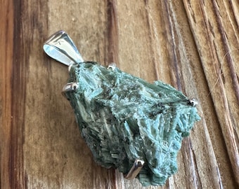 Actinolite Sterling Silver Pendant, Rough Raw Mineral Specimen Gem, Green Gemstone, Natural Stone Jewelry, Artisan