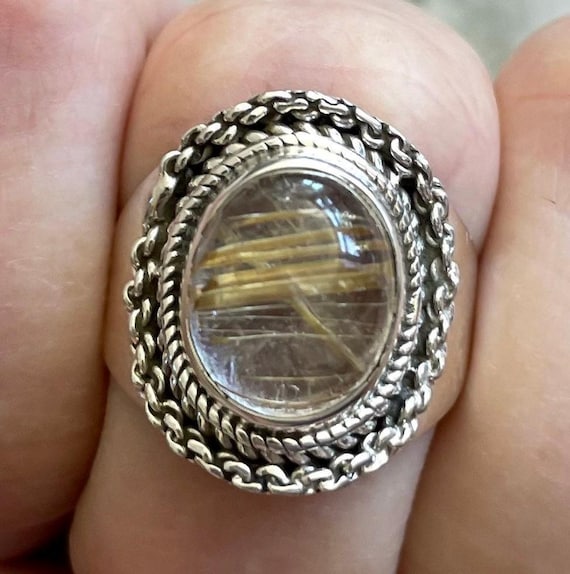 Golden Rutilated Quartz Sterling Silver Ring, Size 9, Gold Rutile, Oval Gemstone