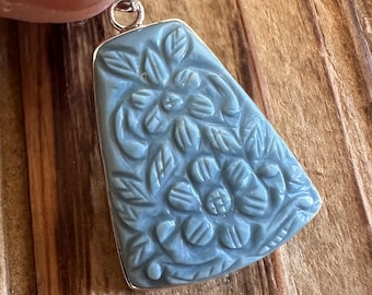 Carved Owyhee Blue Opal Sterling Silver Pendant, Hand Carving, Oregon USA Gemstone, Natural Stone Jewelry, Handmade Artisan Piece