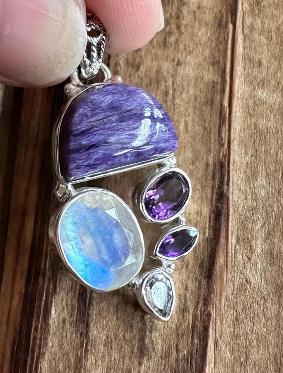 Charoite, Rainbow Moonstone, Amethyst Sterling Silver Pendant, Siberian Gem, Blue Flash Gemstone, Natural Stone Jewelry