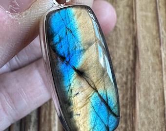 Spectrolite Labradorite Sterling Silver Pendant, Blue Orange Yellow Flash Gem, Colorful Gemstone, Natural Stone Jewelry