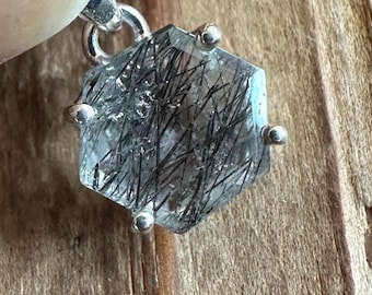 Faceted Tourmilated Quartz Sterling Silver Pendant, Black Tourmaline Rutile Gem, Rutilated Gemstone, Natural Stone Jewelry