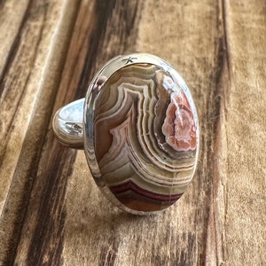 Laguna Lace Agate Sterling Silver Ring, Size 7.5, Mexican Gemstone, Banded Oval Gem, Natural Stone Jewelry