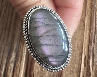 Purple Labradorite Sterling Silver Ring, Size 8, Purple Pink Flash Gem, Natural Gemstone Jewelry