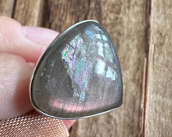 Labradorite WITH RAINBOW Sterling Silver Ring, Size 8,5, Orange Pink Flash Gem, Natural Gemstone Jewelry