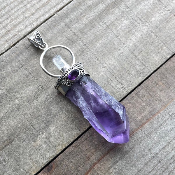 Amethyst Elestial Root Sterling Silver Pendant, Dragons Teeth, Rough Point Gem, Brazilian Gemstone, Natural Stone Jewelry