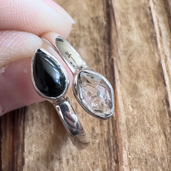 Herkimer Diamond & Black Onyx Sterling Silver Ring, Size 11, New York USA Gem, Tourminated Quartz with Rainbow, Natural Stone Jewelry