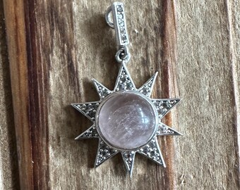 Rose Quartz & CZ Sterling Silver Sun Pendant, Pink Gem, Natural Gemstone Jewelry
